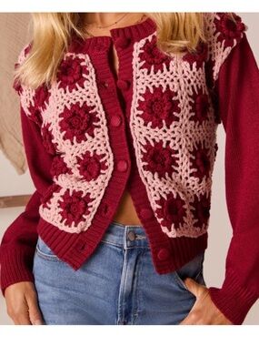 Vici Burgundy and Pink Crochet-Front Cardigan
